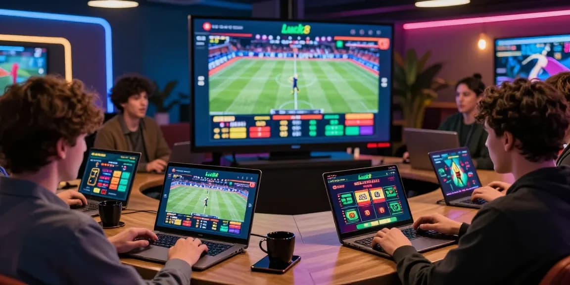 LUCK8 users engaging with a dynamic online betting platform surrounded by colorful graphics and live sports events.