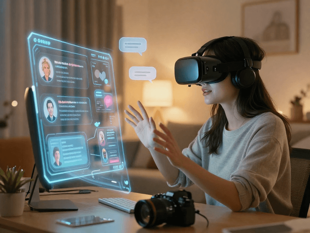 AI girlfriend engaging with user in a cozy virtual environment, showcasing digital interaction