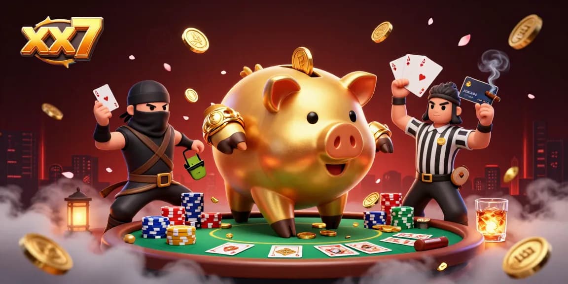 Engage with xx7's vibrant gambling scene featuring an energetic golden piggy bank sumo wrestler and dynamic casino elements.