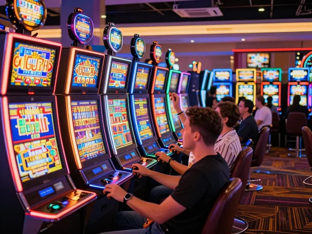 Players enjoying vibrant slot777 machines amid a lively casino atmosphere
