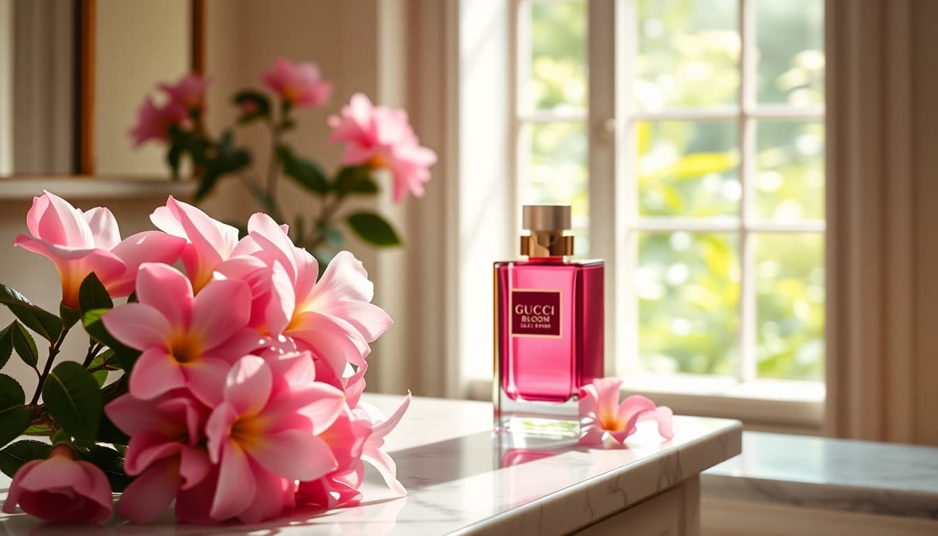 Experience the essence of gucci bloom with a sophisticated bottle surrounded by blooming flowers.