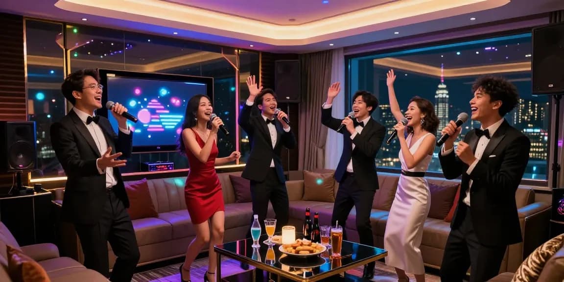 강남 타이밍에서 즐기는 고급 가라오케 파티, 화려한 조명이 있는 개인 룸에서 노래하고 있는 모습