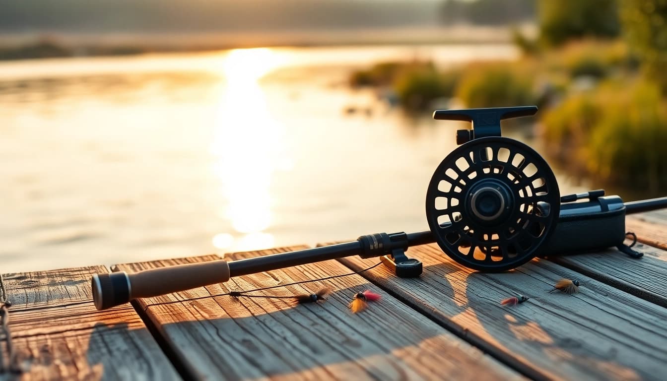Showcasing a fly fishing combo on a picturesque river dock at sunrise, highlighting quality and serenity.