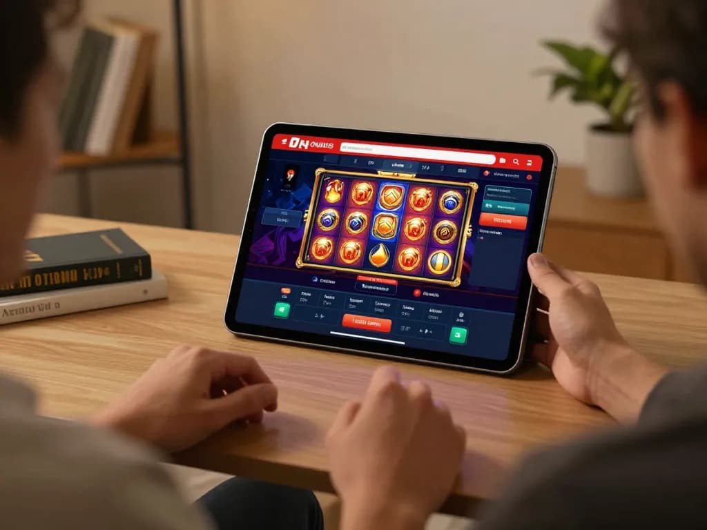 Engaging with RR88's online casino gaming platform on a tablet in a cozy home setting.
