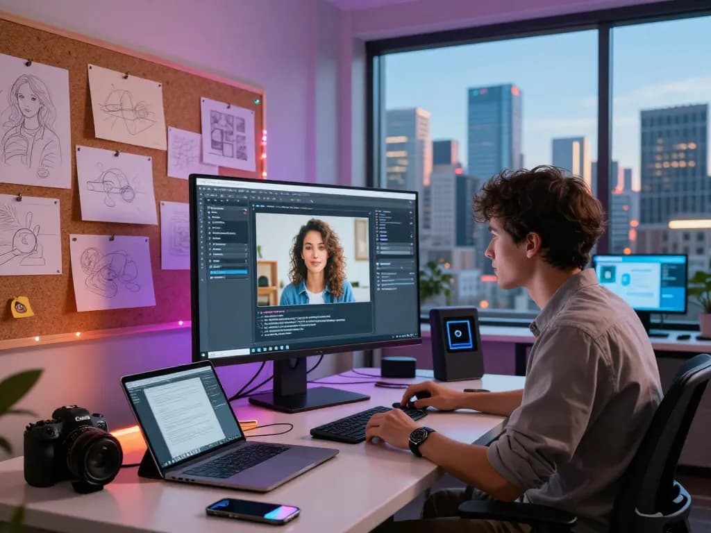 AI image to prompt conversion in a creative tech workspace, featuring multiple devices and a designer at work.