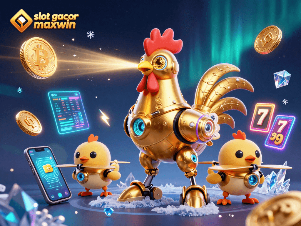 Gambarkan slot gacor maxwin dengan robot ayam emas dan drone anak-anak, diisi elemen kasino.