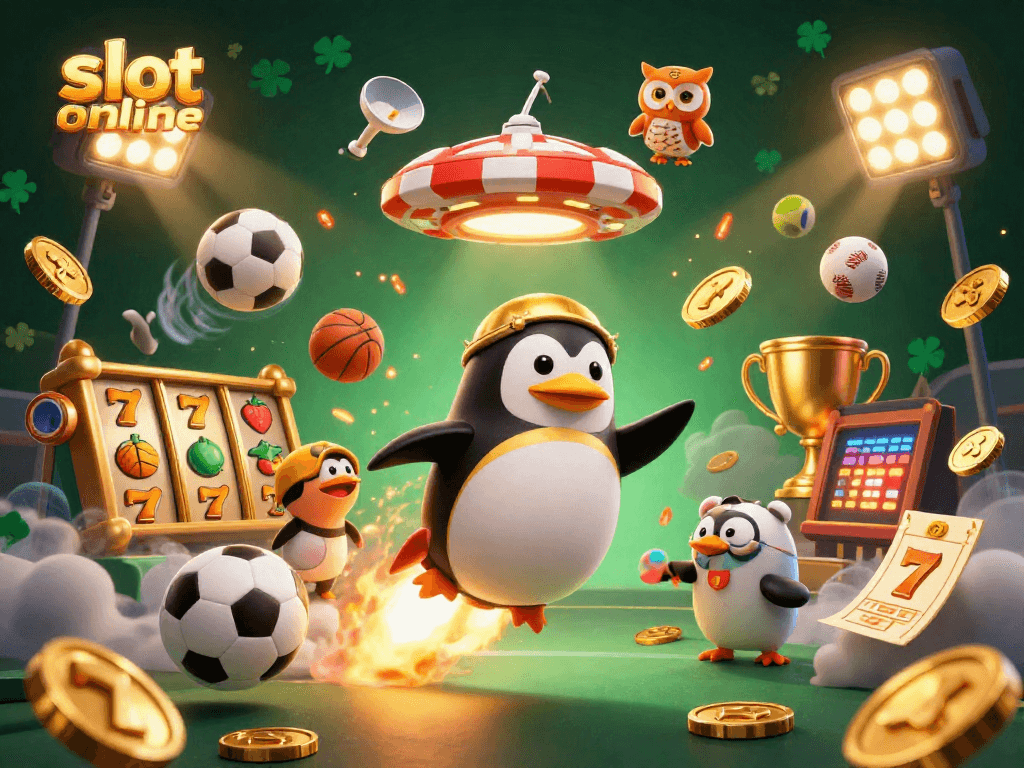 Menangkan pengalaman slot online dengan gambar mengesankan dari penguin emas bertema kasino.