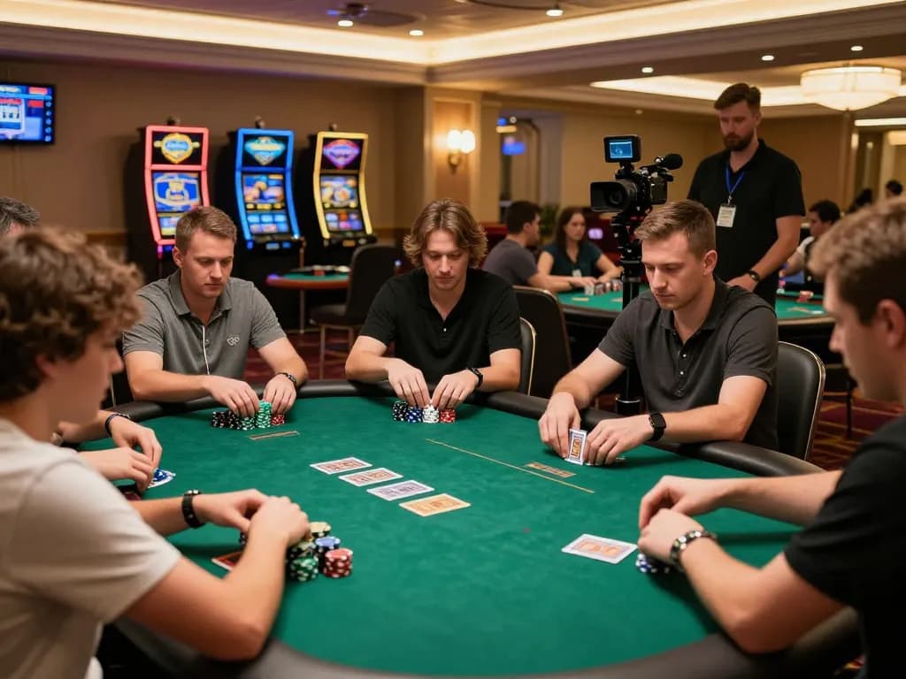 Players strategizing in a high-stakes MM88 poker game at an upscale casino