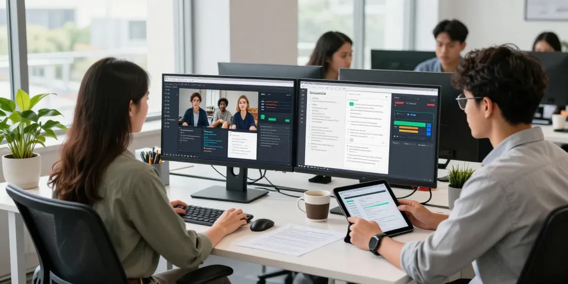 AI detector interface displayed on dual monitors as professionals review content moderation.