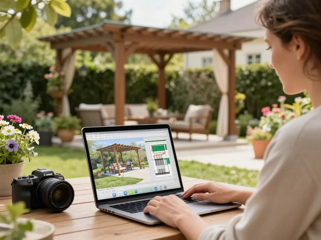 Conception d'une pergola personnalisée à l'aide du logiciel configurateur pergola dans un jardin vibrant.