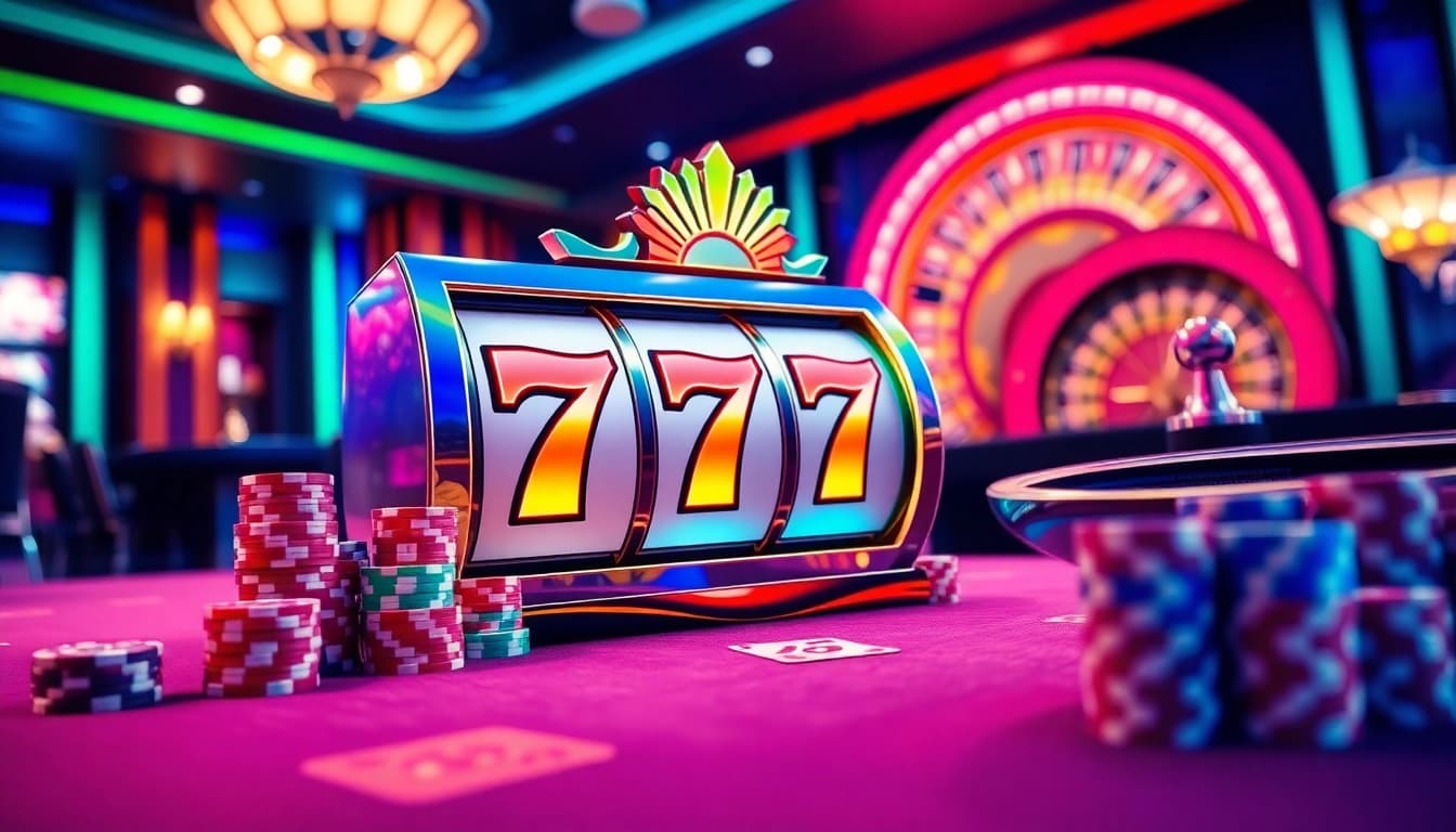 Players engage with thrilling slot 777 machines, surrounded by vibrant casino elements and excitement.