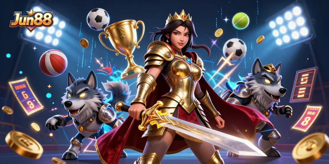 Join Jun88, where a warrior queen and her wolf companion thrive in a vibrant casino world.