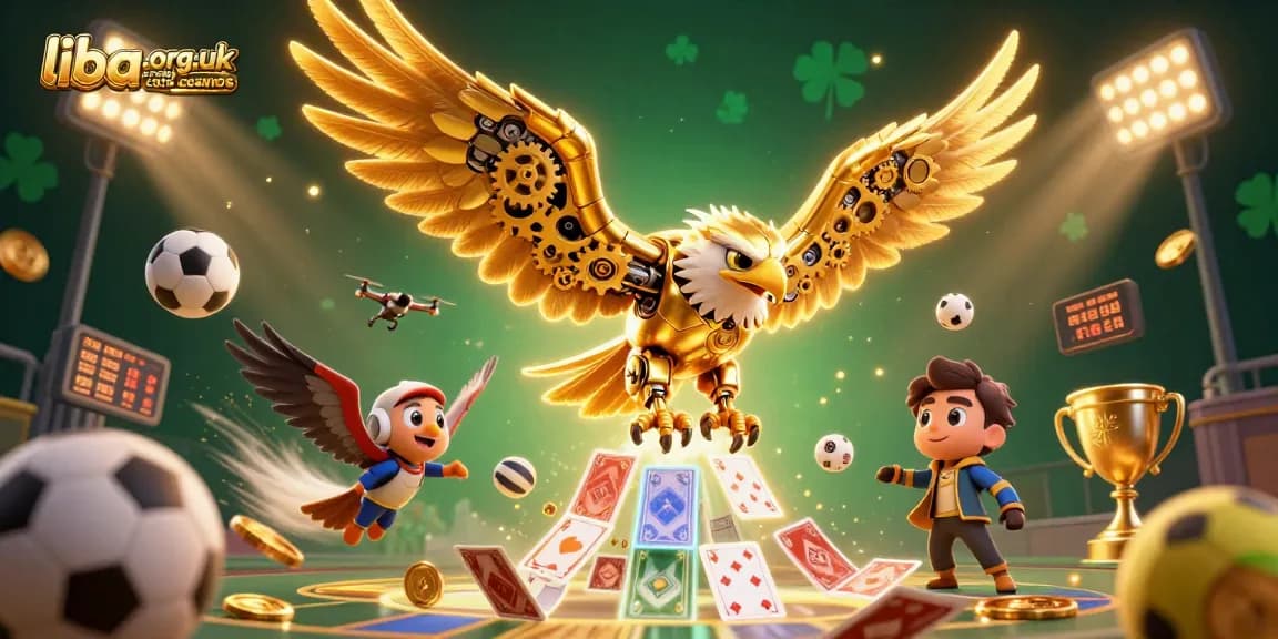 liba.org.uk credit card casinos showcase 3D cartoon eagle soaring through holographic playing cards