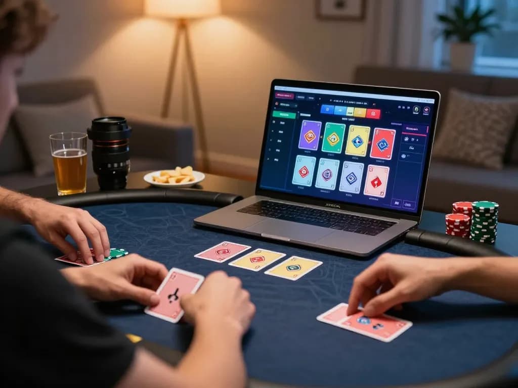 Playing poker online with ku bet, hands with cards focused amid a cozy home setup, emphasizing strategic gameplay.