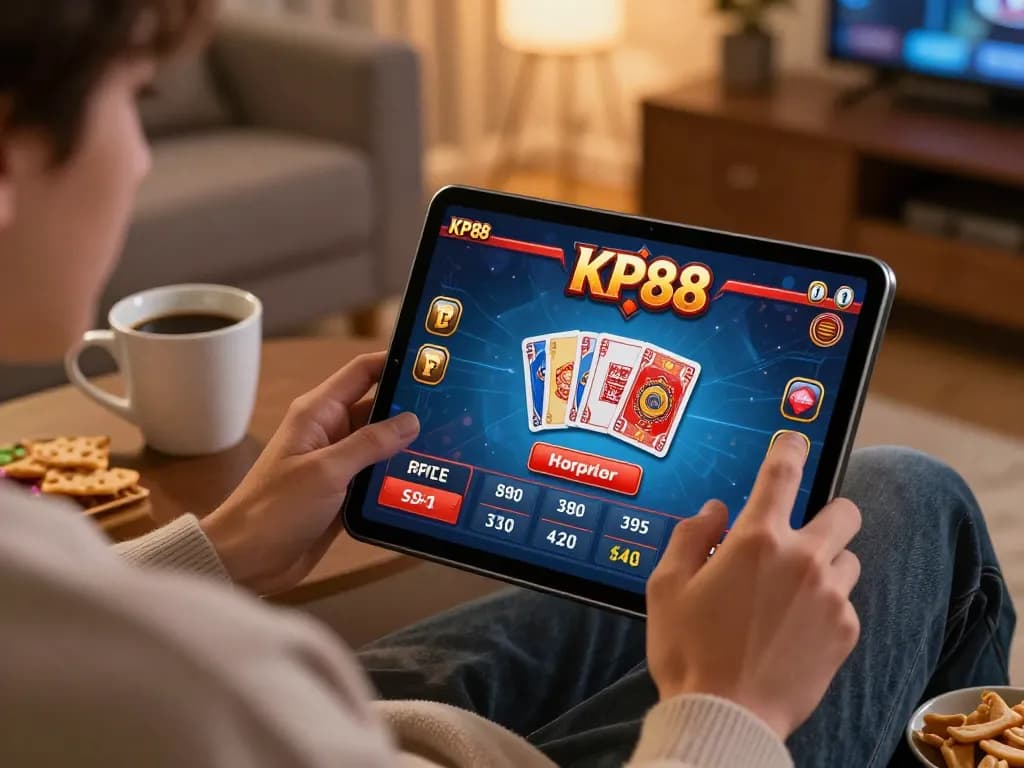 Engaging player using KP88 casino app on tablet in cozy living room setting.