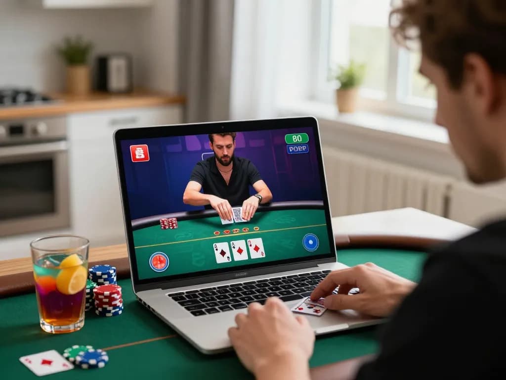 Engaging poker game featuring slot depo 4k on a laptop, capturing intense gameplay in a cozy home.