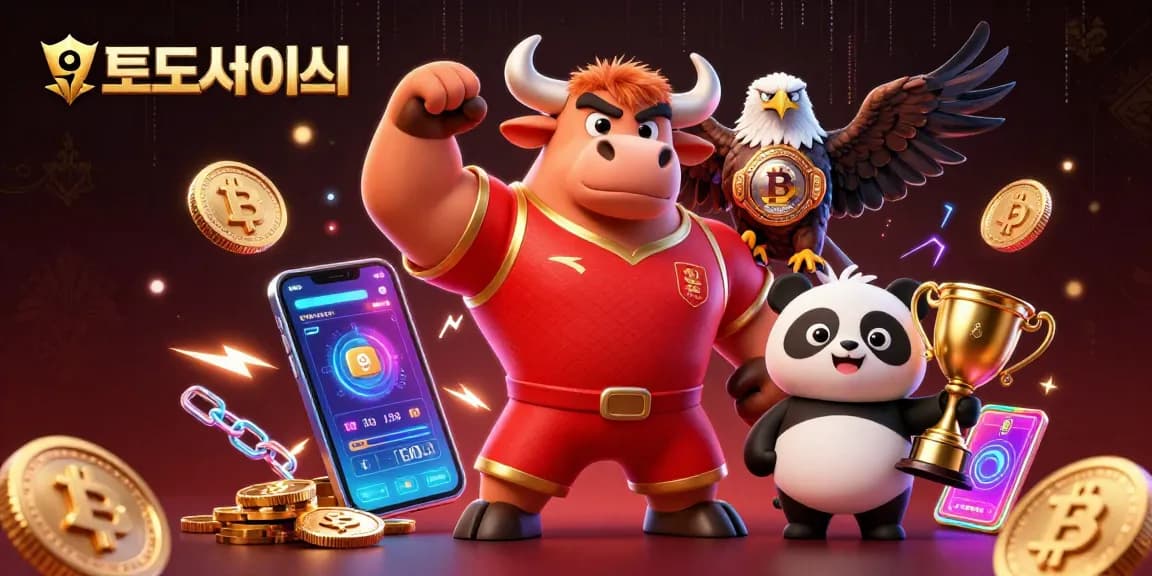 Engage with 토토사이트 through vibrant 3D illustration showcasing a victorious bull mascot and friends amid crypto elements.