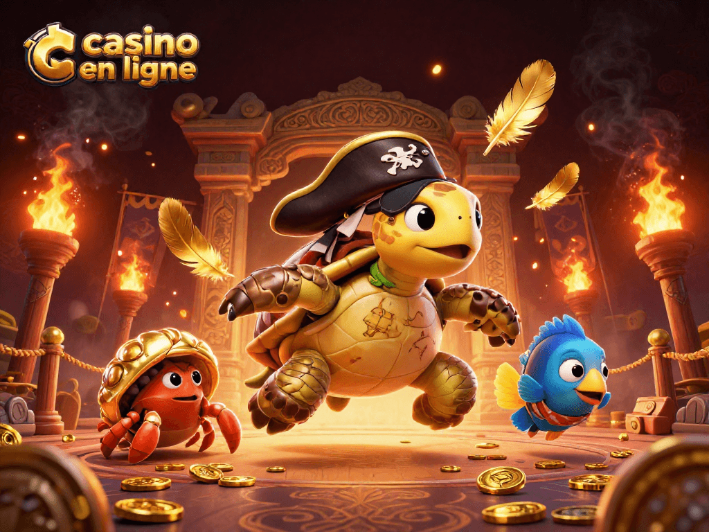 Explorez le casino en ligne avec une tortue pirate et un crabe au trésor dans une scène animée.