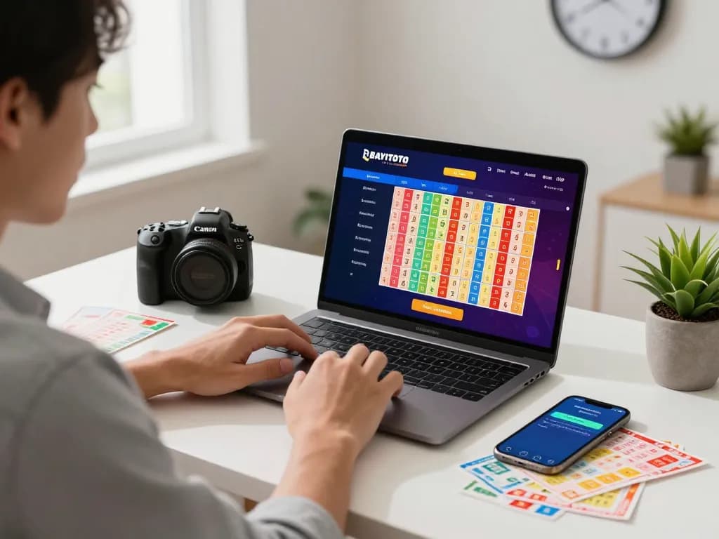 Engaged user on BAYITOTO platform for Toto Togel 4D, showcasing gaming excitement and modern setup.