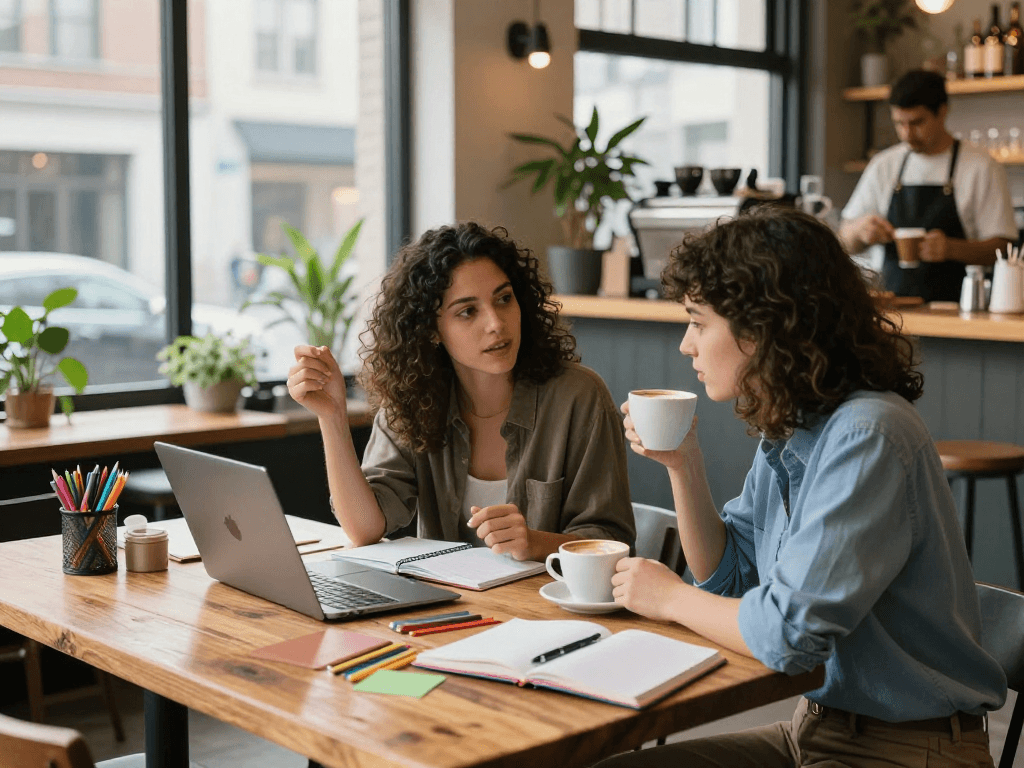 Young professionals discussing mantra88 strategies at a café