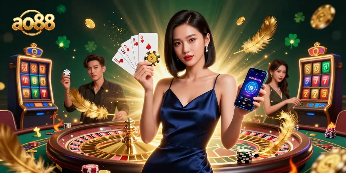 Experience the thrill of ao88 with stunning visuals featuring a captivating Asian woman in a casino scene.