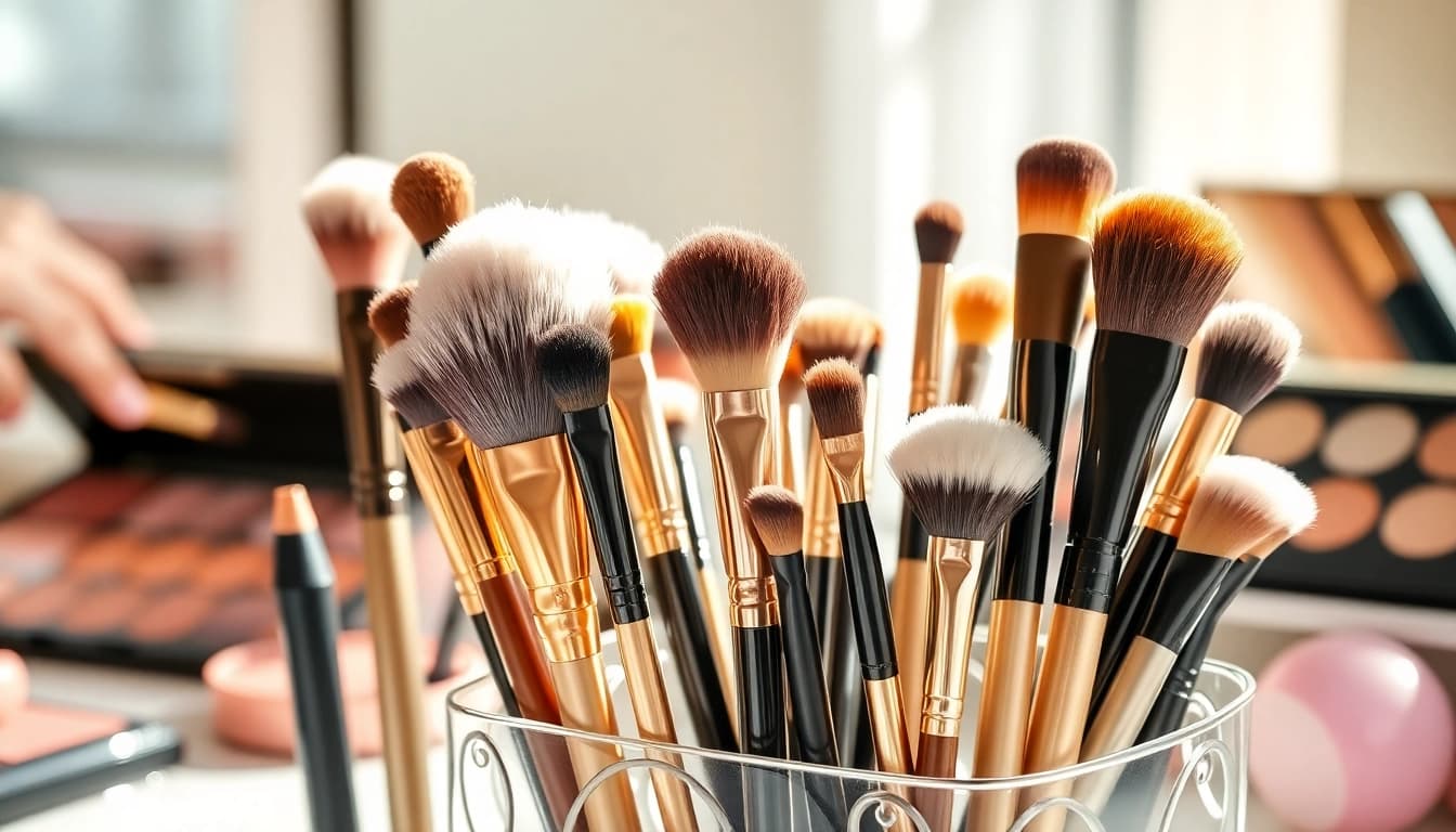 Using makeup blending brushes for a flawless makeup application in a stylish setup.