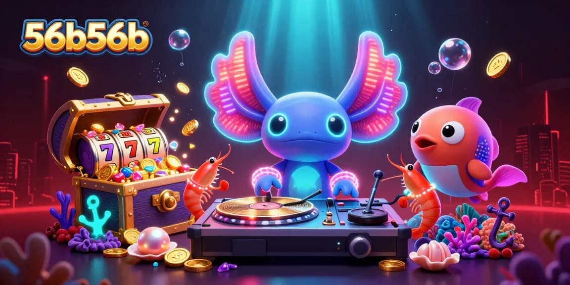 Experience vibrant casino fun at 56b56b with lively underwater DJ and glowing slot reels.