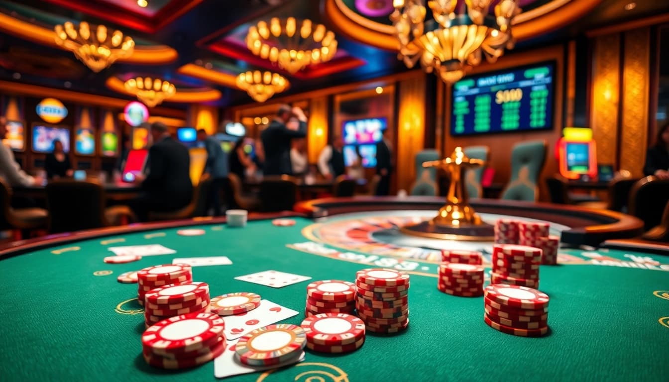 Experience thrilling gaming action at https://bet88.limited/ with poker tables and roulette wheels in a vibrant casino.