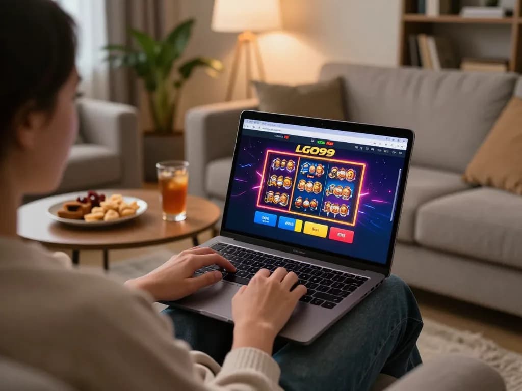 Pemain LGO99 terlibat dengan slot online di laptop dalam suasana ruang tamu yang nyaman