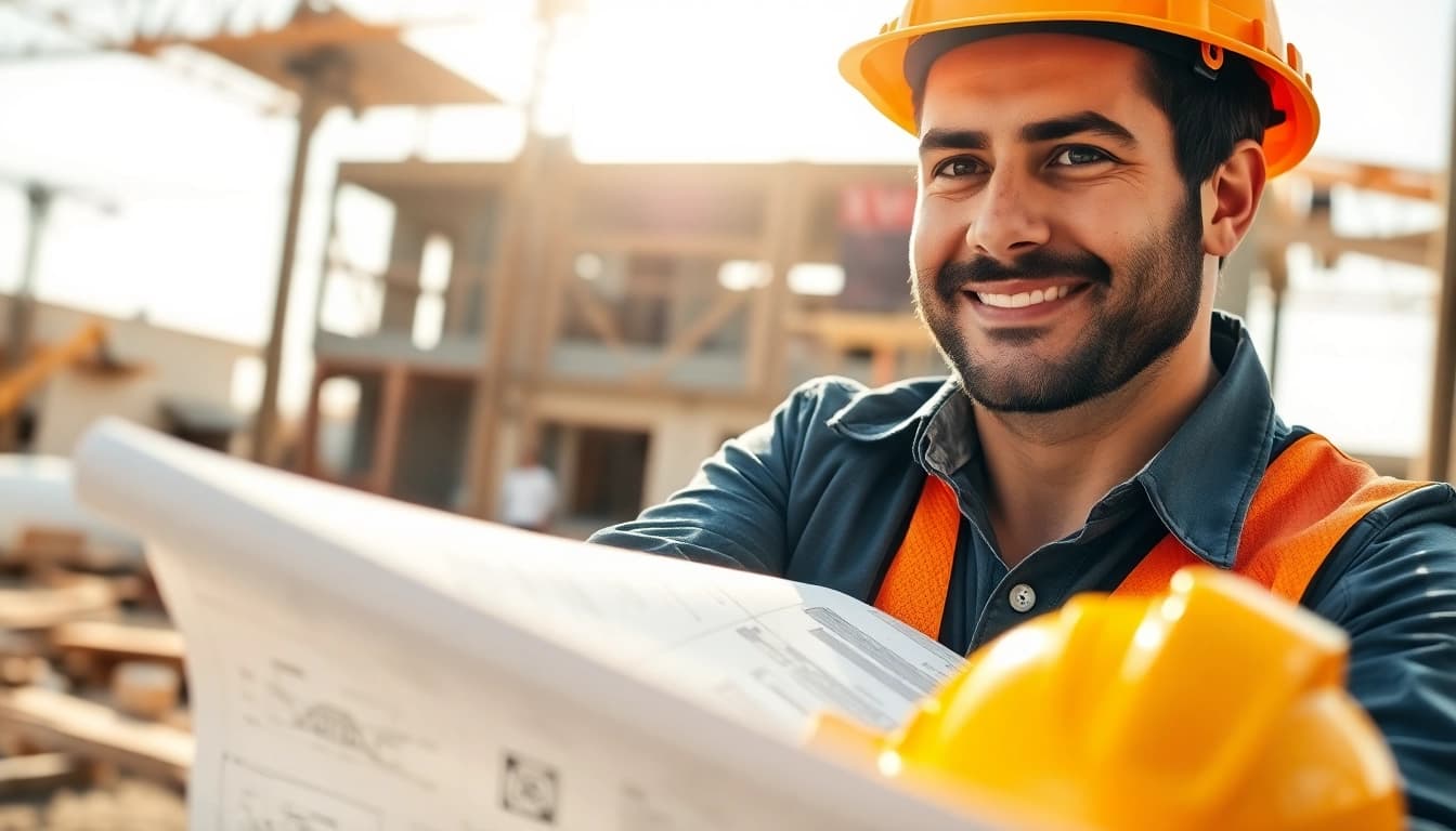 Builders collaborating on plans, representing the Texas association of builders in a vibrant construction scene.