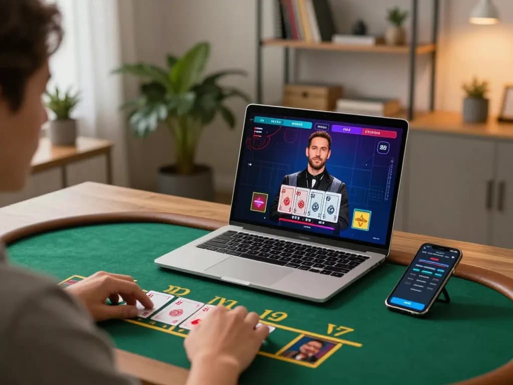 Play blackjack online with tr88 on a sleek laptop in a cozy home office