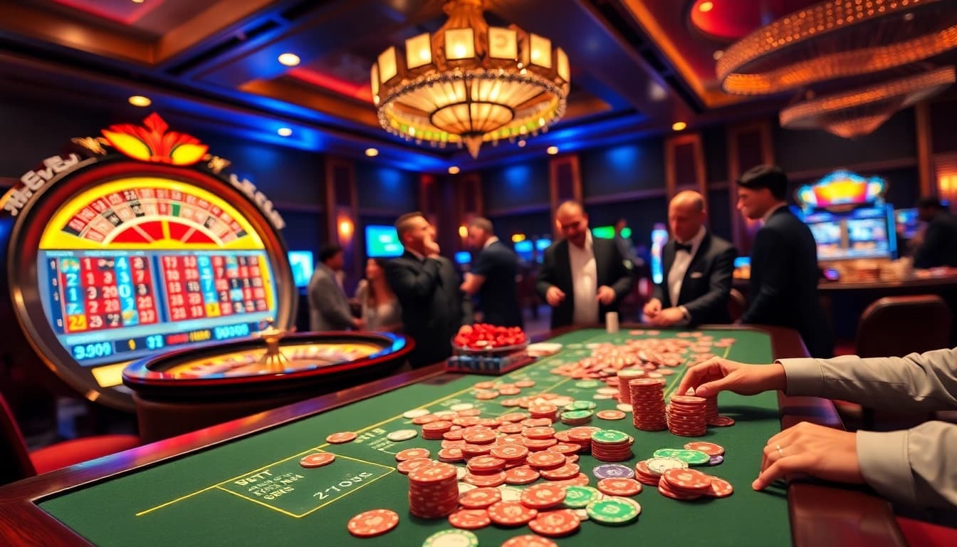 Winning at mm88.com with vibrant poker tables, roulette wheels, and enthusiastic players.