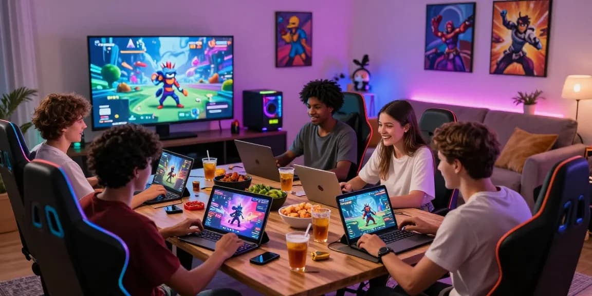 Exciting scene of friends enjoying adult games together, showcasing diverse devices and playful atmosphere.