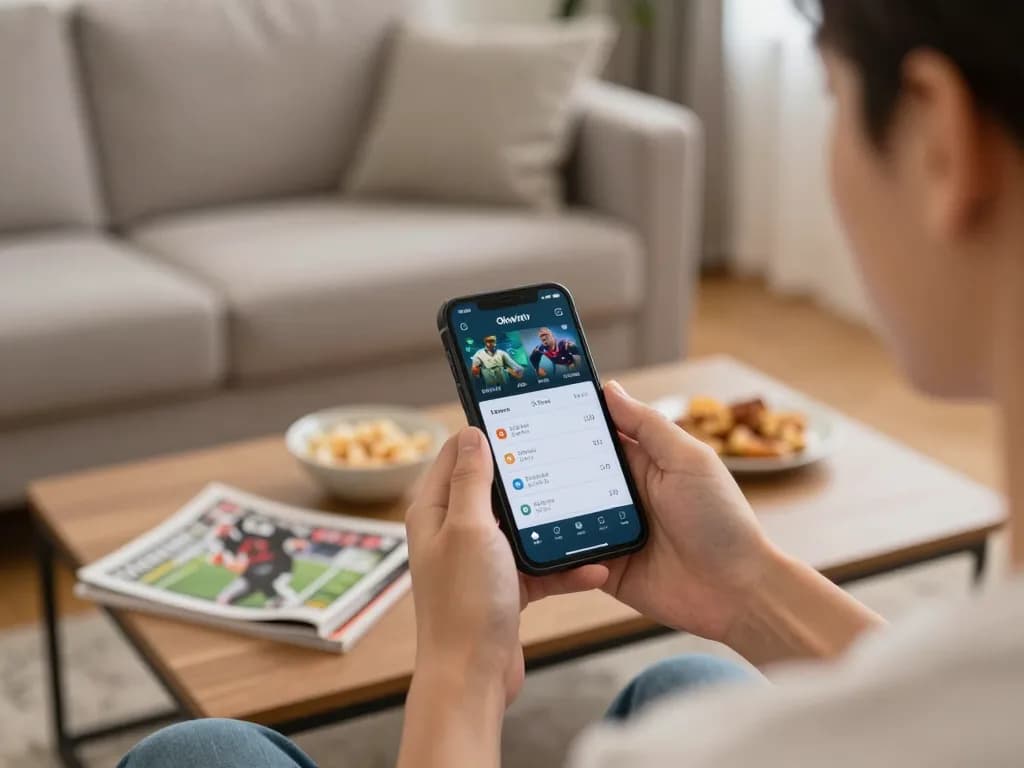 Betting with Okwintv app on smartphone in a cozy living room