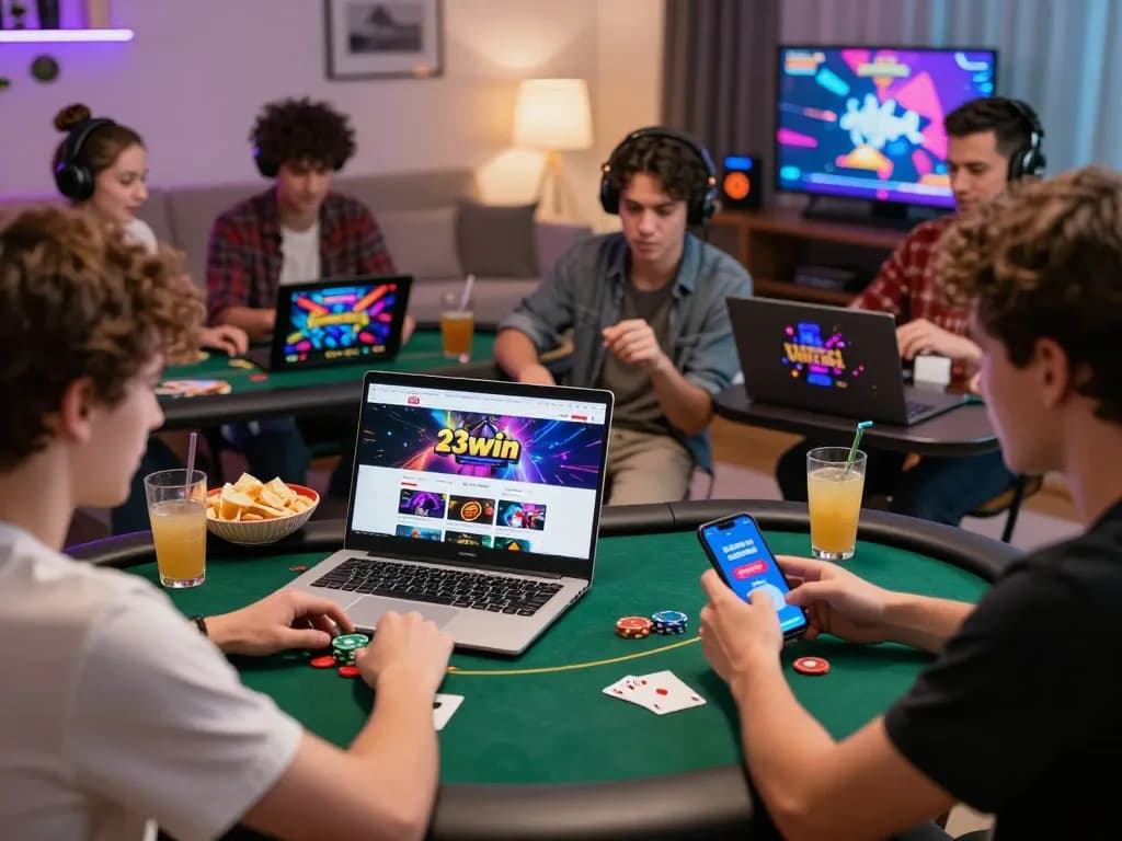 Players enjoying a vibrant online gaming experience with 23win logo visible, showcasing gaming excitement and social interaction.