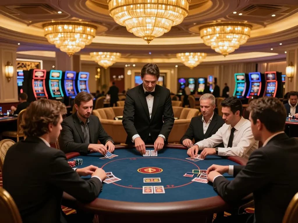 Engaged players at iwin sòng bạc thượng lưu in high-stakes poker game with dealer distributing cards.