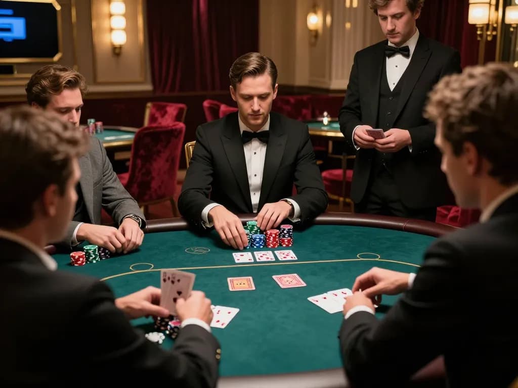 KK55 players strategizing in an upscale poker game with cards and chips on display