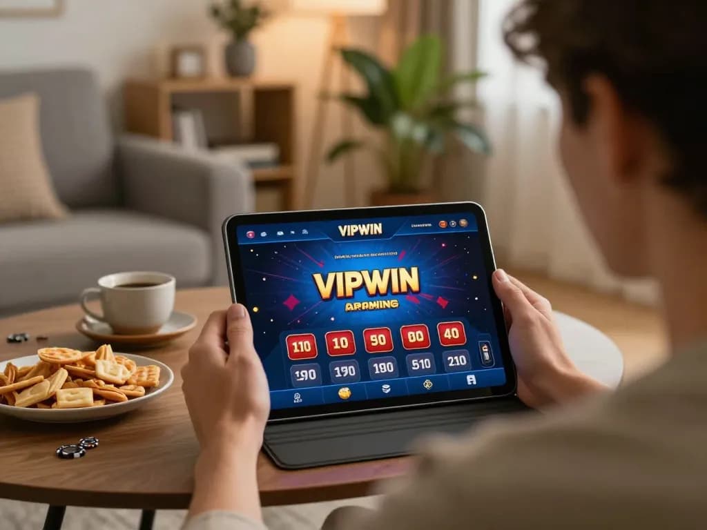 Engaging online player using VIPWIN app on tablet, cozy home setting