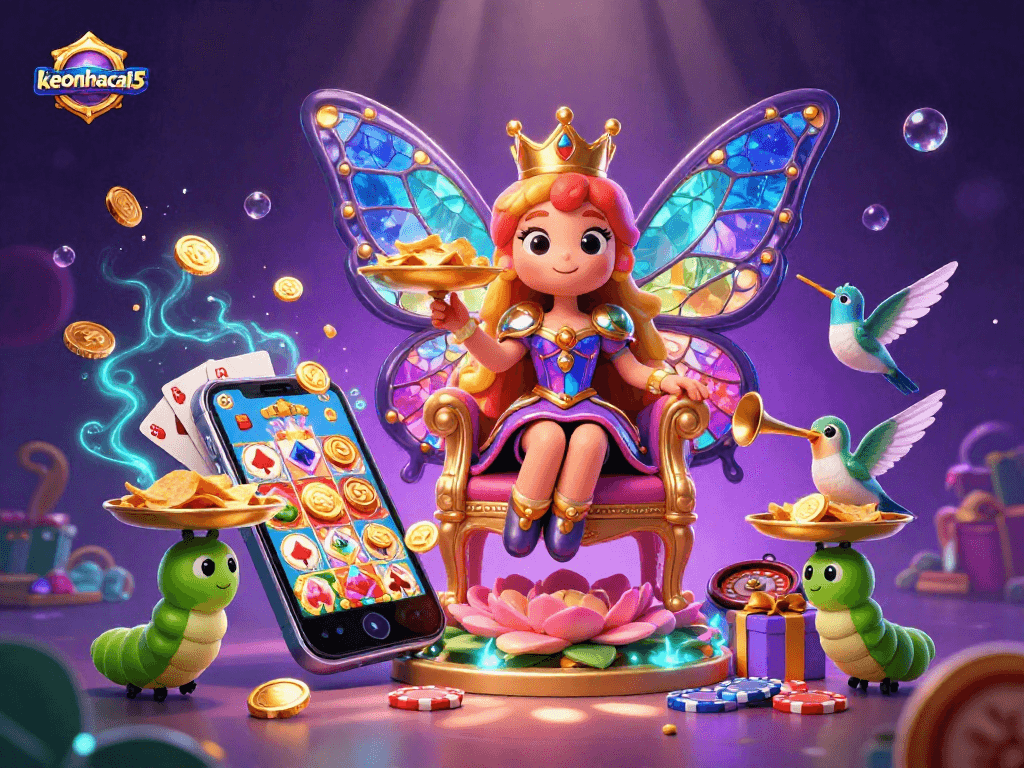 Spin to win at keonhacai5 as the butterfly queen presides over a vibrant casino scene.