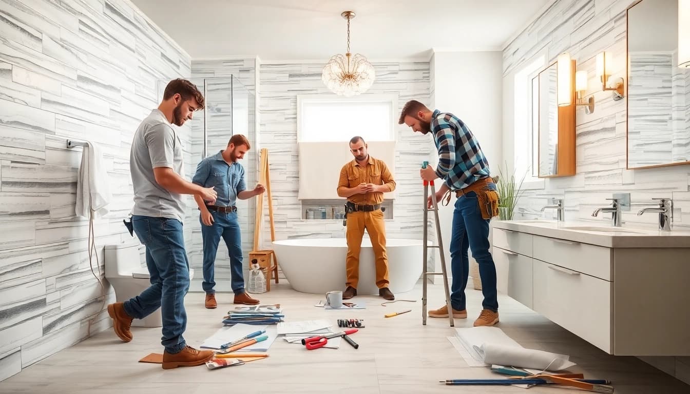 Skilled bathroom contractors near me measuring and installing fixtures in a modern renovation project.