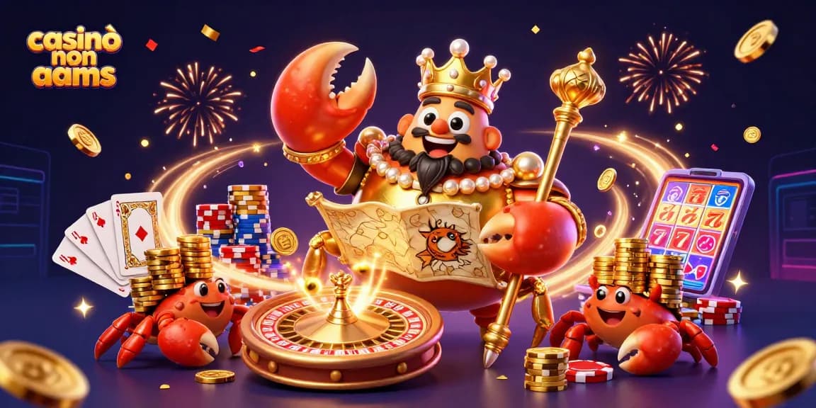 Casinò non AAMS: Grande granchio imperiale d'oro circondato da monete e gettoni.