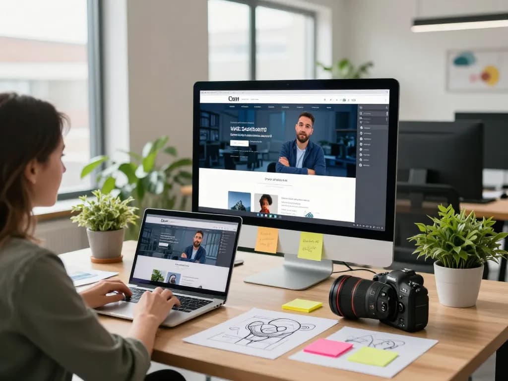 Freelance website designer near me collaborating with a client in a modern workspace.