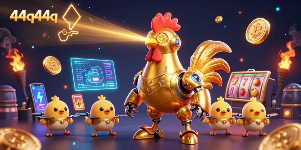 Os robôs da 44q44q dominam o cassino digital com lasers e criptomoedas em cena vibrante.