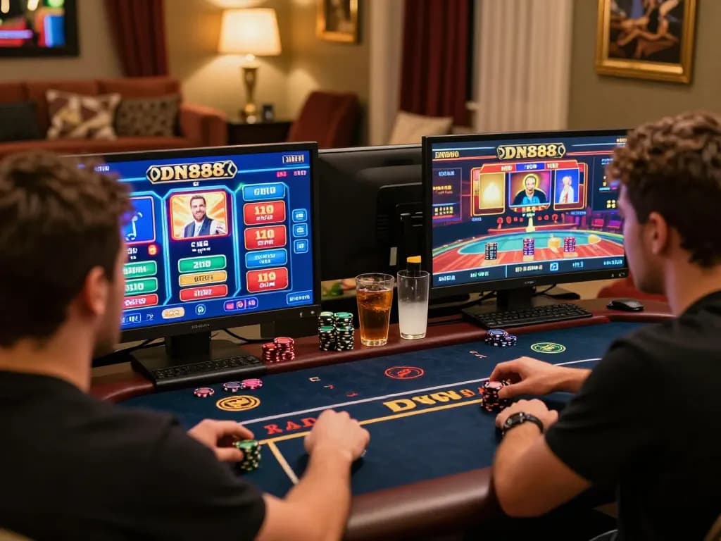 Player engaged in thrilling online gaming at DN88, surrounded by vibrant poker and slot visuals