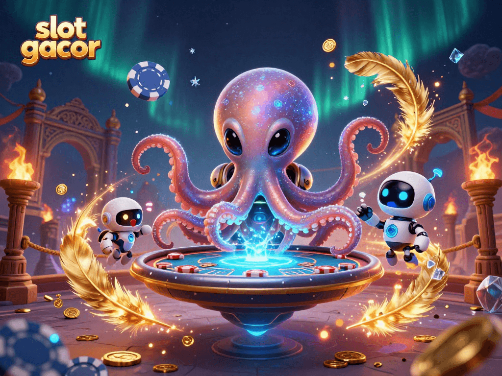 Menangkan slot gacor dengan sebuah ilustrasi 3D alien dan robot di meja poker futuristik.