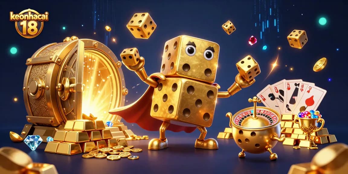 Engage in exciting bets with keonhacai 18 as a golden dice golem juggles fortune.