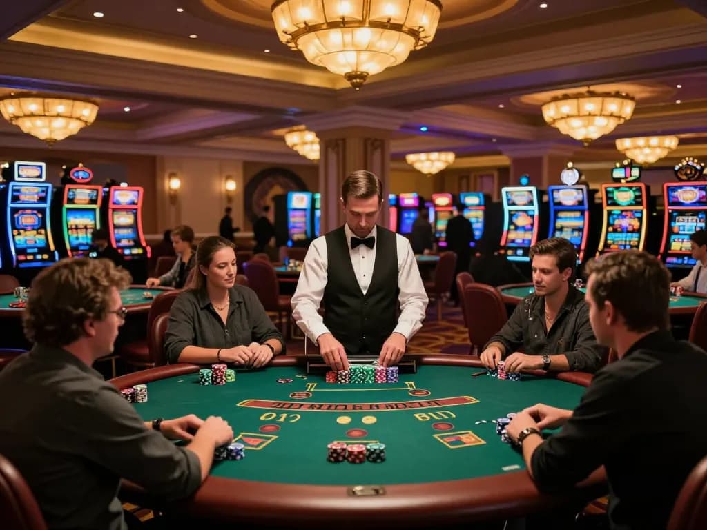 Players engaging in strategic blackjack gameplay at BK8 casino with vibrant atmosphere.
