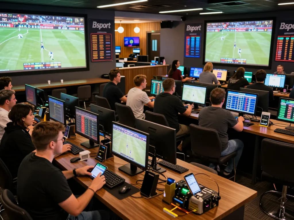 Patrons placed bets on Bsport app in a lively sports betting lounge during a game, showcasing the thrilling atmosphere.