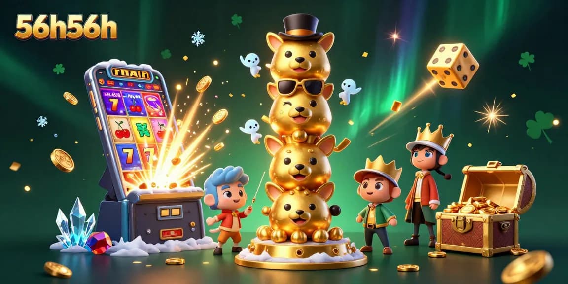 Experience the excitement of 56h56h with a vibrant casino-themed illustration featuring a jackpot explosion.