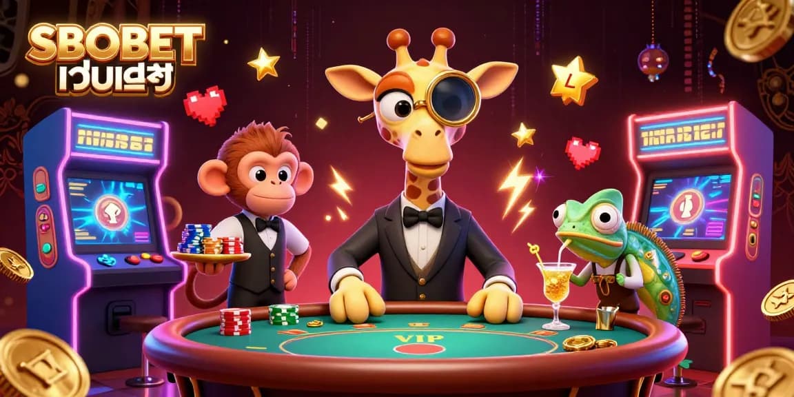 SBOBET เว็บตรง showcases a vibrant scene with a high-roller giraffe and characters immersed in lively casino action.